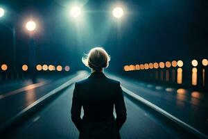 un mujer en un traje soportes en un la carretera a noche. generado por ai foto