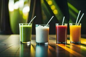 five different types of smoothies in glasses. AI-Generated photo