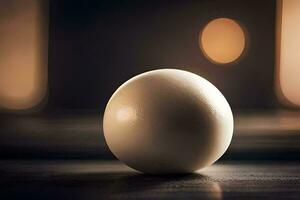 an egg sitting on a table in front of a blurry background. AI-Generated photo