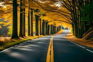 un la carretera forrado con arboles en el caer. generado por ai foto