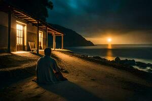 a man meditating on the beach at night. AI-Generated photo