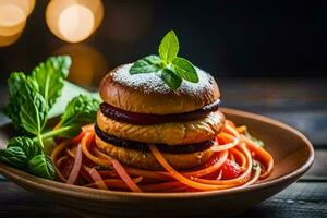 un plato con un hamburguesa y espaguetis. generado por ai foto