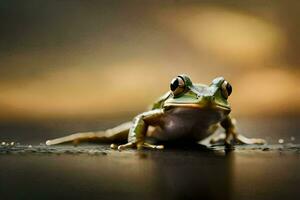 a frog sitting on the ground with a blurry background. AI-Generated photo