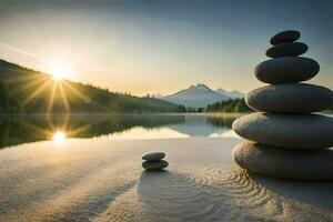 the sun rises over a lake and stacks of stones. AI-Generated photo