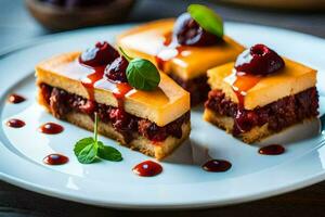 Tres piezas de tarta de queso con cerezas en un blanco lámina. generado por ai foto