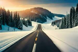 a road is shown in the snow with trees and mountains in the background. AI-Generated photo