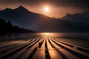 a wooden dock in the middle of a lake with the sun setting behind it. AI-Generated photo