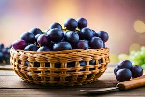 grapes in a basket on a wooden table. AI-Generated photo