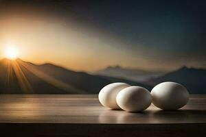 three eggs on a table with mountains in the background. AI-Generated photo