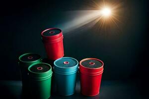 a group of colorful cans with a spotlight shining on them. AI-Generated photo