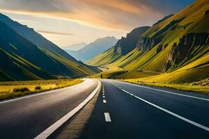 un largo la carretera en el montañas. generado por ai foto