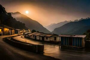 un pueblo en el montañas a puesta de sol. generado por ai foto