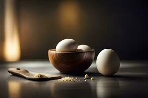 three eggs in a bowl and a wooden spoon. AI-Generated photo