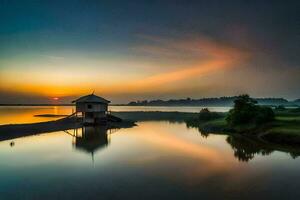 un pequeño casa se sienta en el apuntalar de un lago a puesta de sol. generado por ai foto