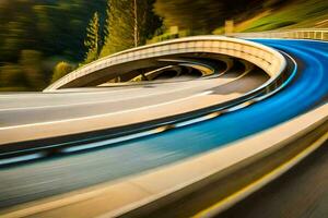 a blurry image of a curved road with a car driving on it. AI-Generated photo