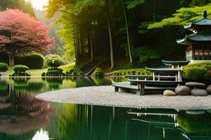 a japanese garden with a pond and a pagoda. AI-Generated photo