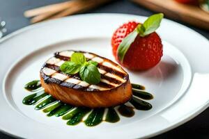 grilled salmon on a white plate with strawberries. AI-Generated photo