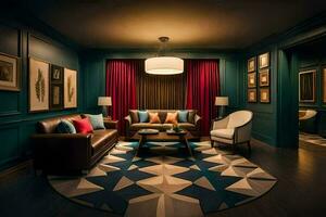 the living room has a blue wall and a red rug. AI-Generated photo