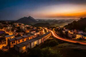 a city at sunset with a long exposure photo. AI-Generated photo