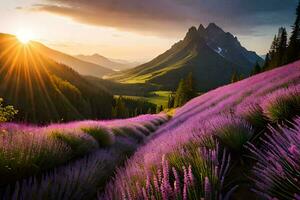 the sun rises over lavender fields in the mountains. AI-Generated photo