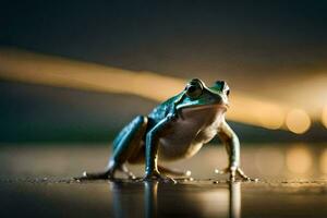 a frog is standing on the ground in front of a blurry background. AI-Generated photo