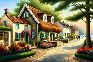 a painting of a street with houses and flowers. AI-Generated photo