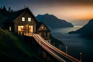 un casa en un montaña con vista a el mar. generado por ai foto