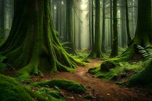 un camino mediante un bosque con cubierto de musgo arboles generado por ai foto