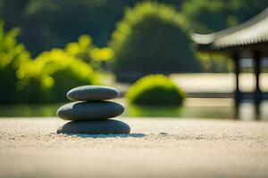 a stack of rocks sitting on the sand in front of a pagoda. AI-Generated photo