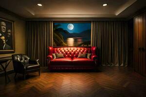 a red couch in a room with a painting on the wall. AI-Generated photo