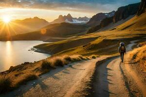 a man walks along a path in the mountains at sunset. AI-Generated photo