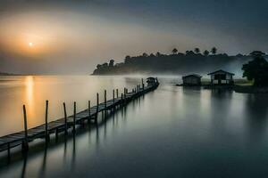 un largo exposición fotografía de un muelle en el agua. generado por ai foto