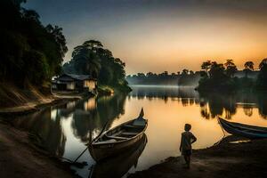 a boy stands on the shore of a river at sunrise. AI-Generated photo