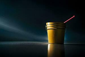 a yellow bucket with a red straw sitting on a table. AI-Generated photo