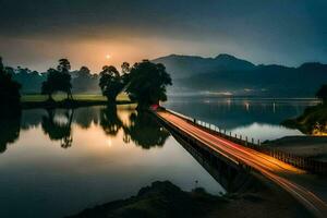 a bridge over a river at dusk with a car driving on it. AI-Generated photo