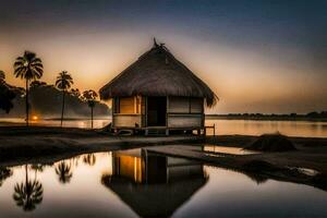 a hut sits on the shore of a lake at sunset. AI-Generated photo