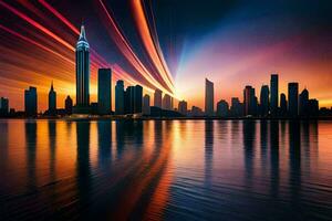 the city skyline at sunset with light trails. AI-Generated photo