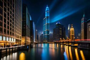 the chicago skyline at night with lights shining on the water. AI-Generated photo