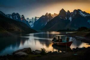 un barco se sienta en el apuntalar de un lago a puesta de sol. generado por ai foto