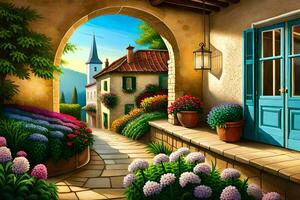 a painting of a house with flowers and a door. AI-Generated photo