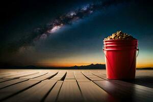 a bucket of peanuts on a wooden deck with a milky sky. AI-Generated photo