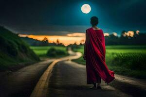 a monk in red robes walking down a road at night. AI-Generated photo