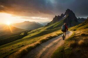 un hombre camina en un camino en el montañas. generado por ai foto