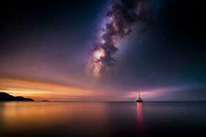 un barco en el Oceano debajo un estrellado cielo. generado por ai foto