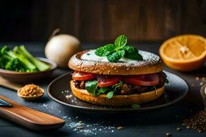 un hamburguesa con vegetales y hierbas en un lámina. generado por ai foto