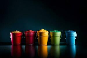 a row of colorful buckets on a black background. AI-Generated photo