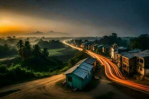 a long exposure photo of a village at sunset. AI-Generated