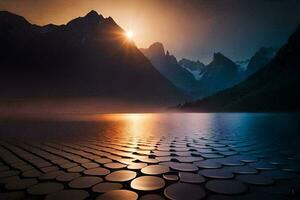 un lago con rocas en el agua a puesta de sol. generado por ai foto