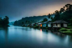 huts along the river at dusk. AI-Generated photo