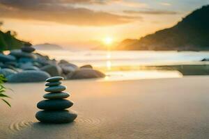 stacked stones on the beach at sunset. AI-Generated photo